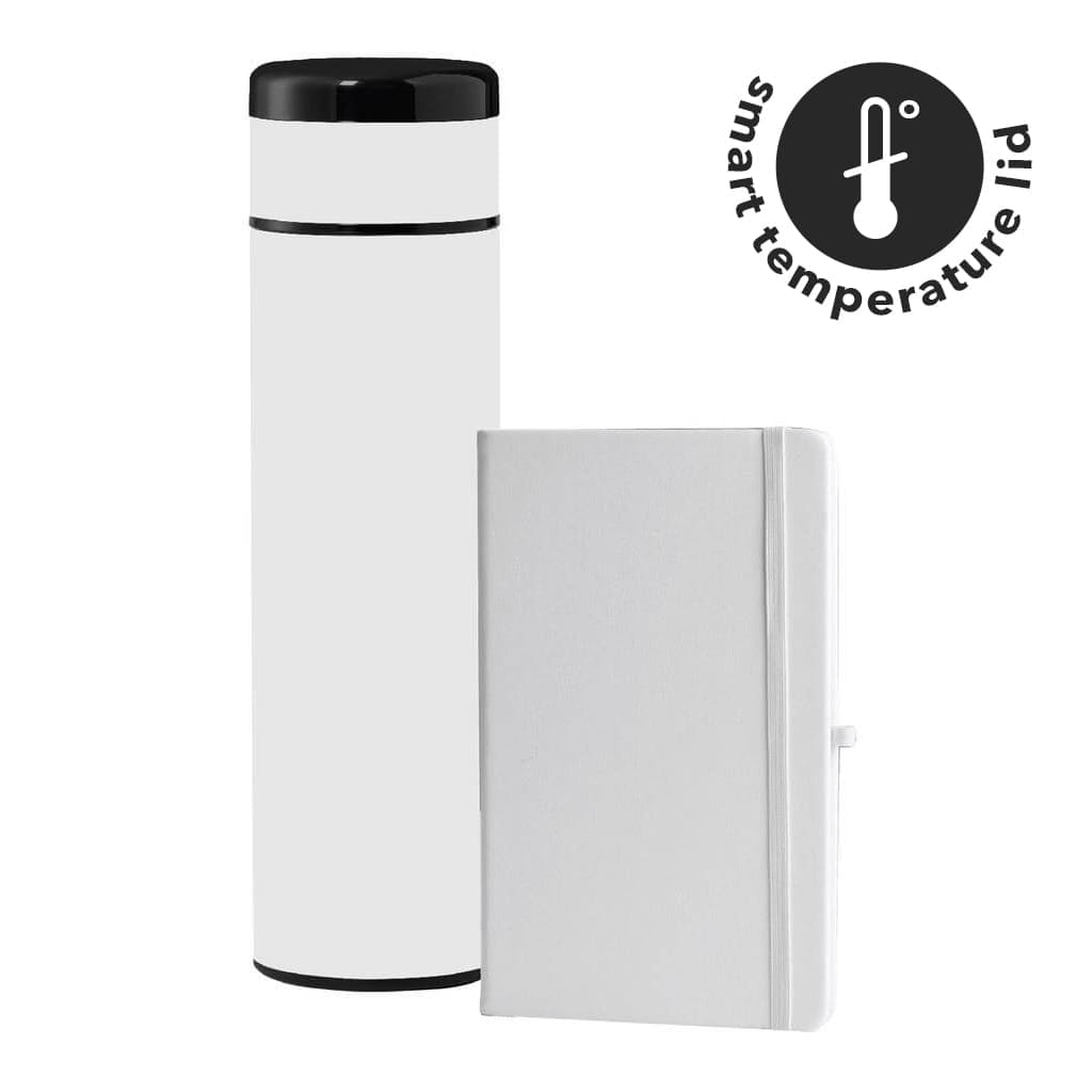 SARGAN – Vacuum Flask with Temperature Lid and Notebook Gift Set – White