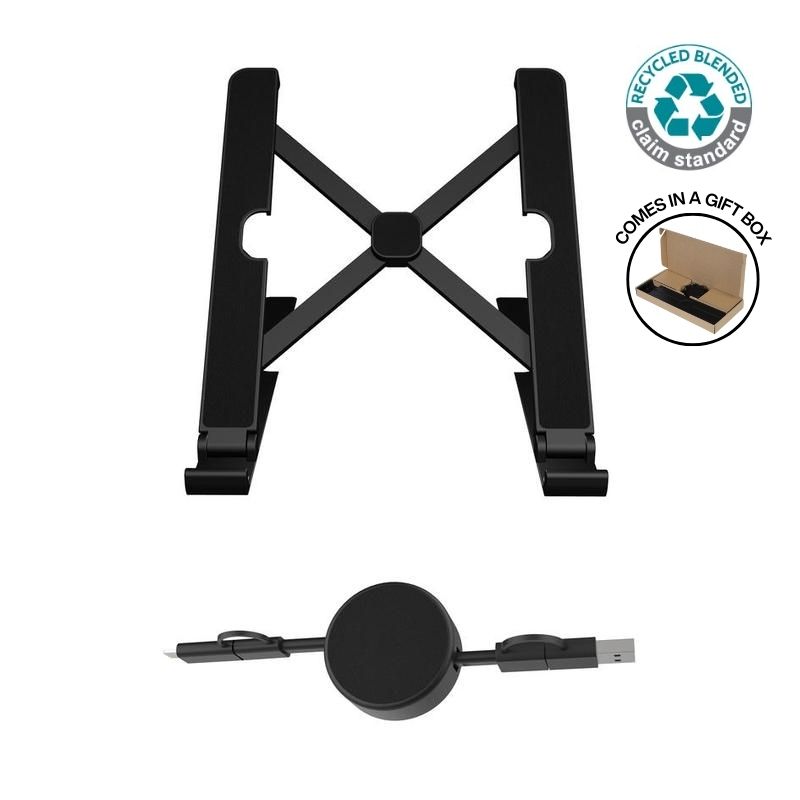 BRELA – @memorii Set of Recycled Laptop Stand and retractable cable – Black