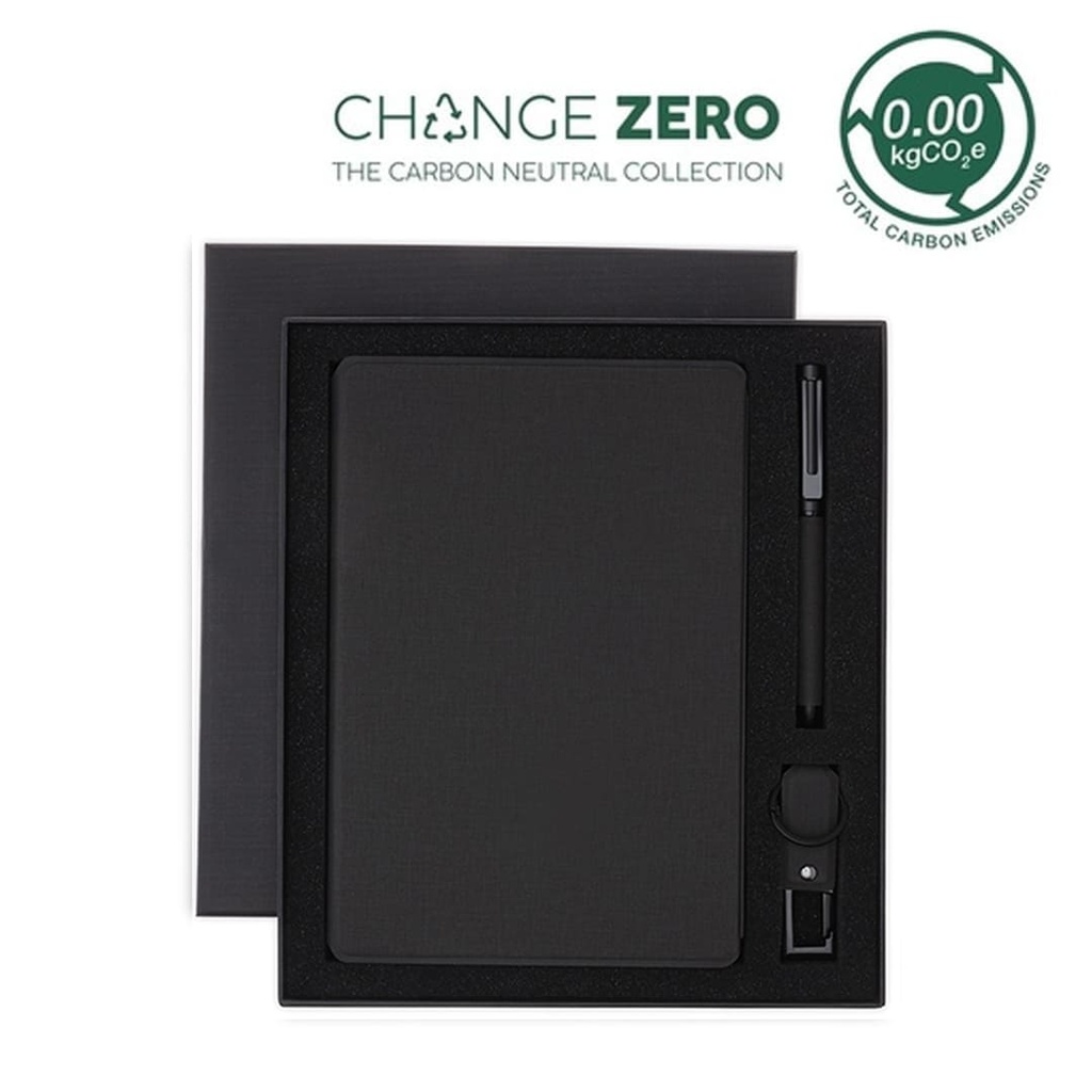 CHANGE ZERO Sustainable Gift Set with Refillable Notebook, Pen & USB Keychain – Black