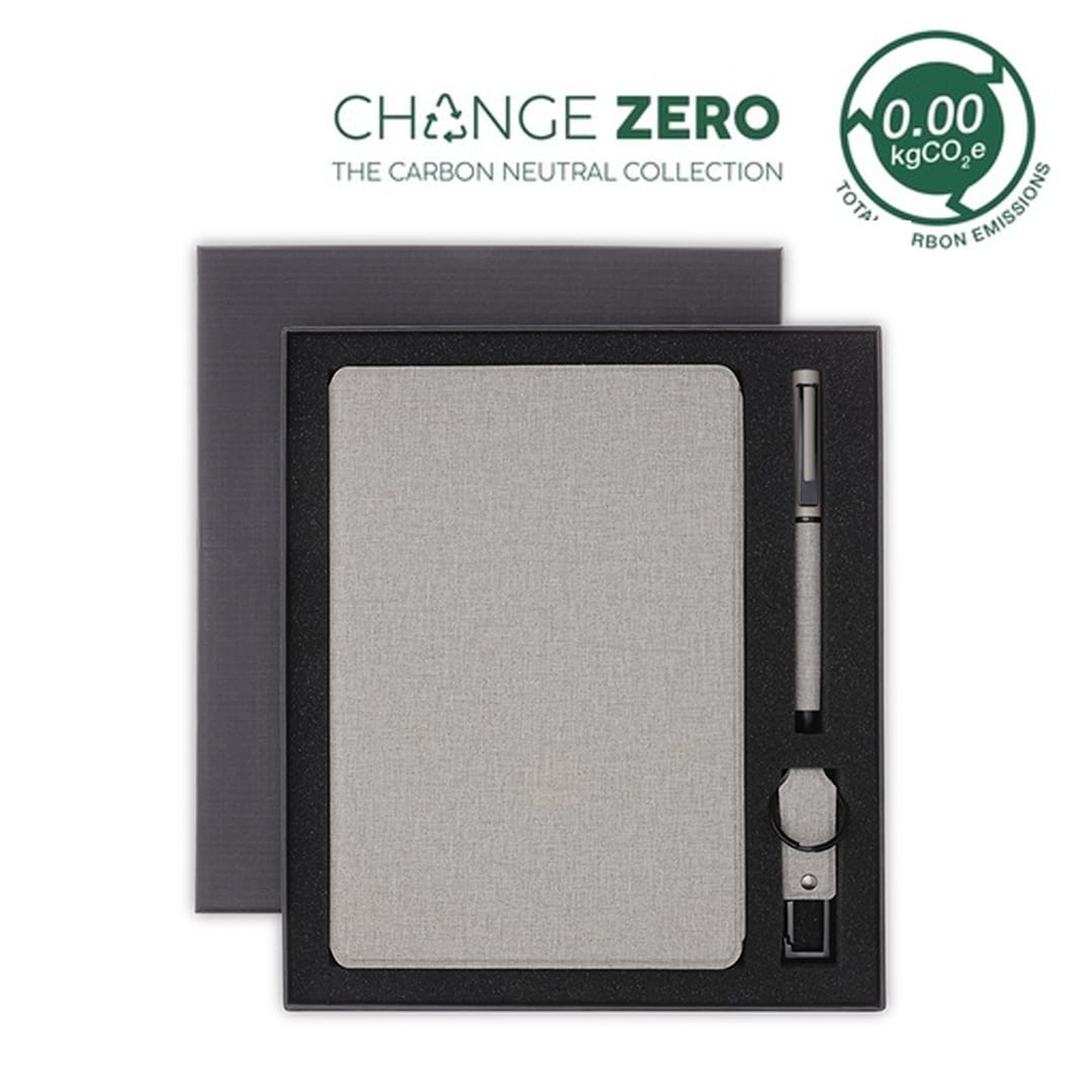 CHANGE ZERO Sustainable Gift Set with Refillable Notebook, Pen & USB Keychain – Grey